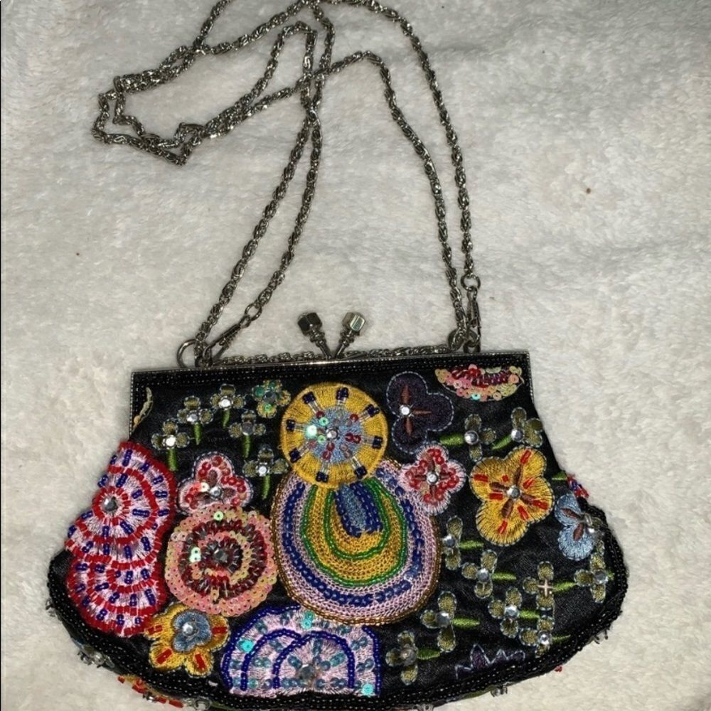 Ziba Vintage Hand Beaded Floral Clutch Evening Bag Silk Black Luxury Floral